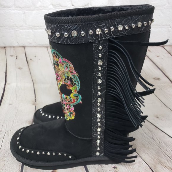 MONTANA WEST Black Sugar Skull Shearling Boots - Picture 6 of 9